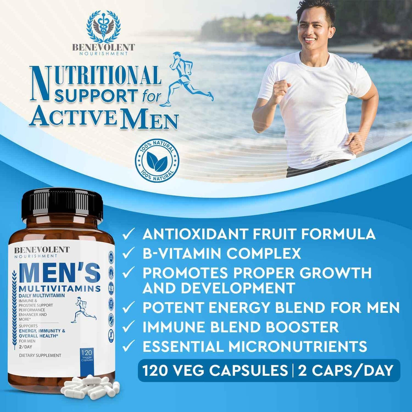 Elemento publicitario sobre multivitaminas para hombres