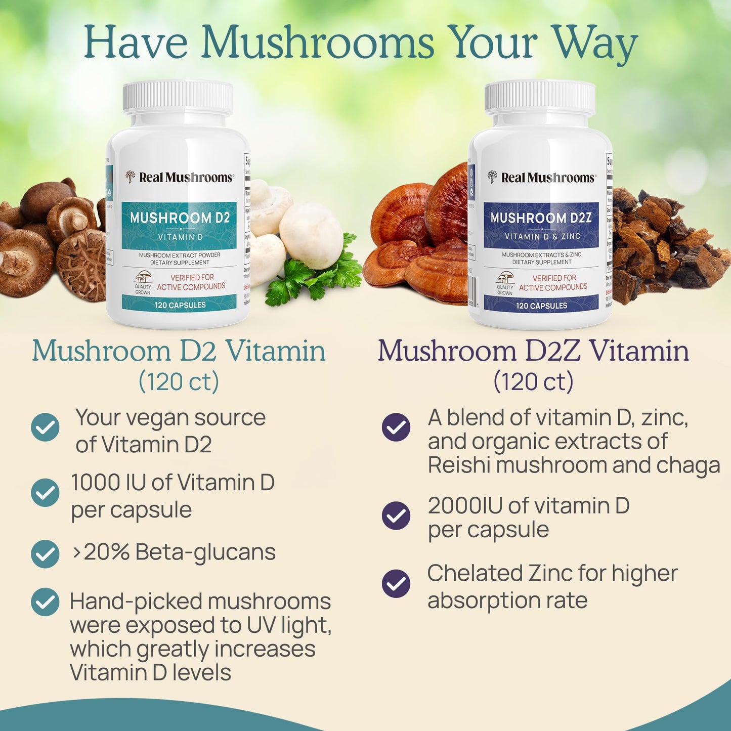 Real Mushrooms setas orgánicas vitamina D2 suplemento natural