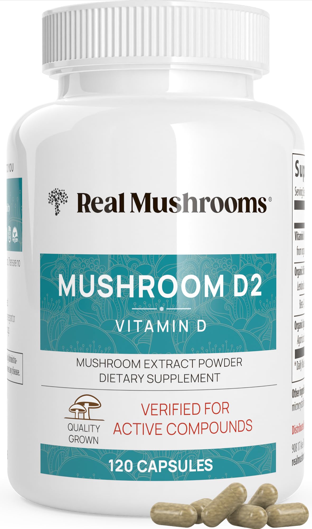 Real Mushrooms suplemento vegano vitamina D2 1000 UI setas