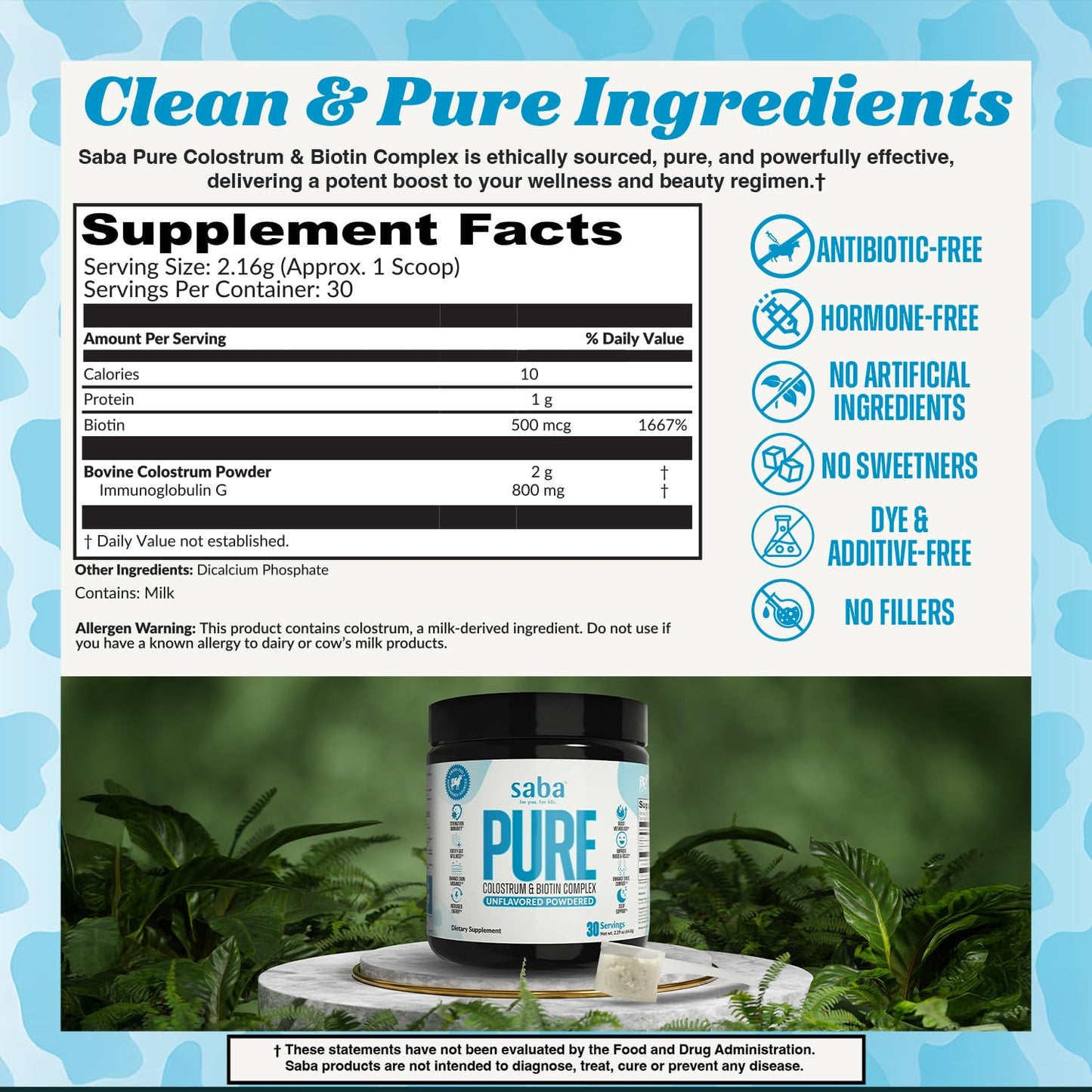Saba Pure colostro sin sabor para bienestar y recuperación muscular