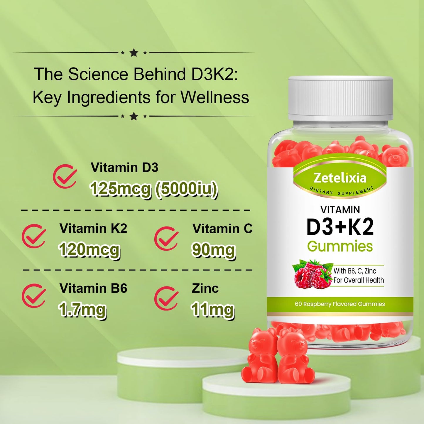 Sabor frambuesa gomitas vitamina D3 K2 Zetelixia sin azúcar