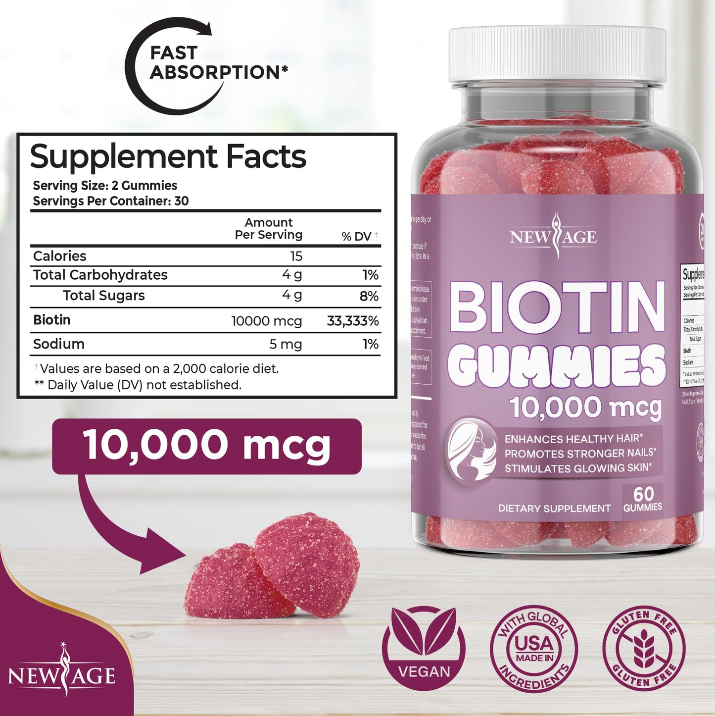 Sabor natural gomitas biotina NEW AGE para piel y uñas