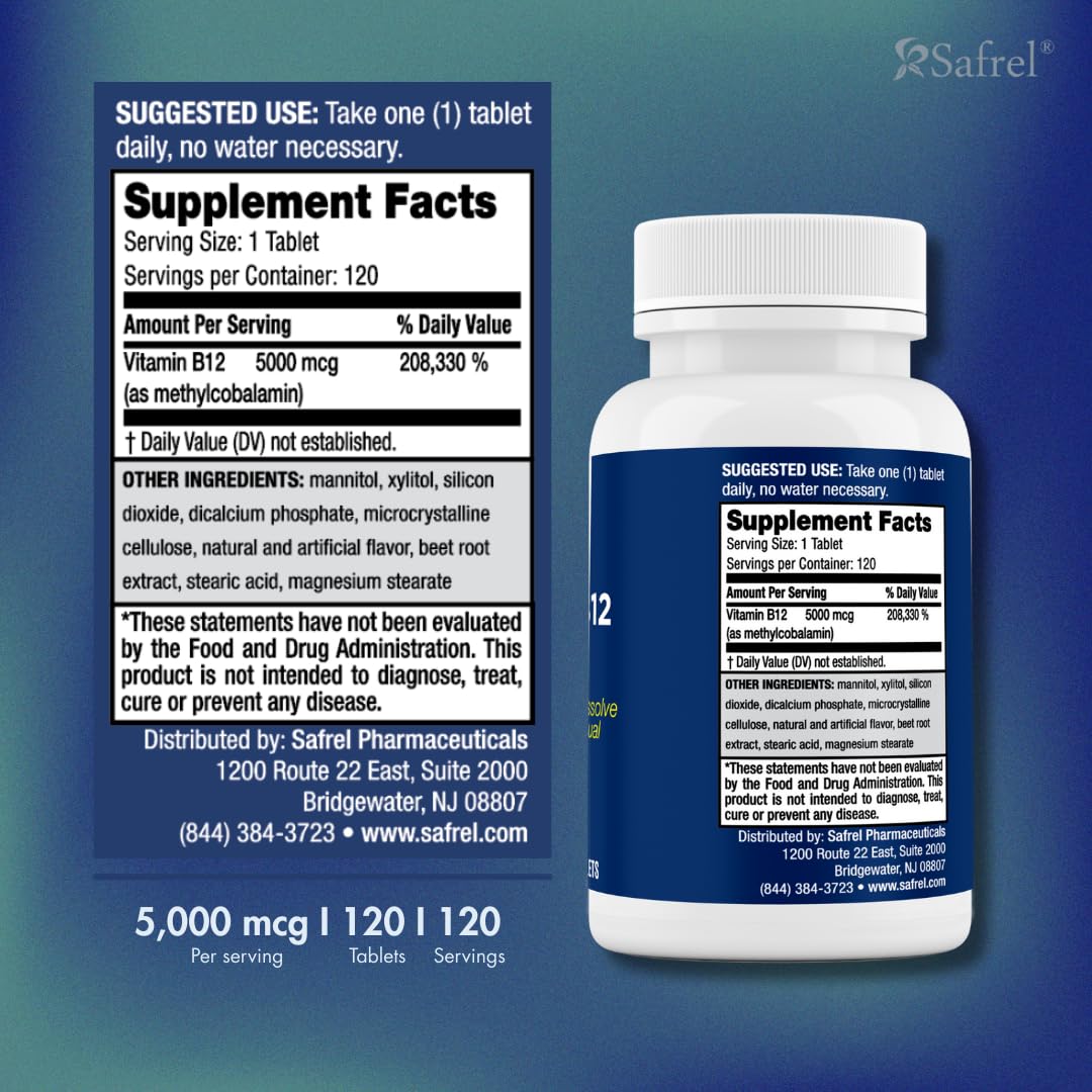Paquete botella vitamina B12 120 tabletas Safrel USA