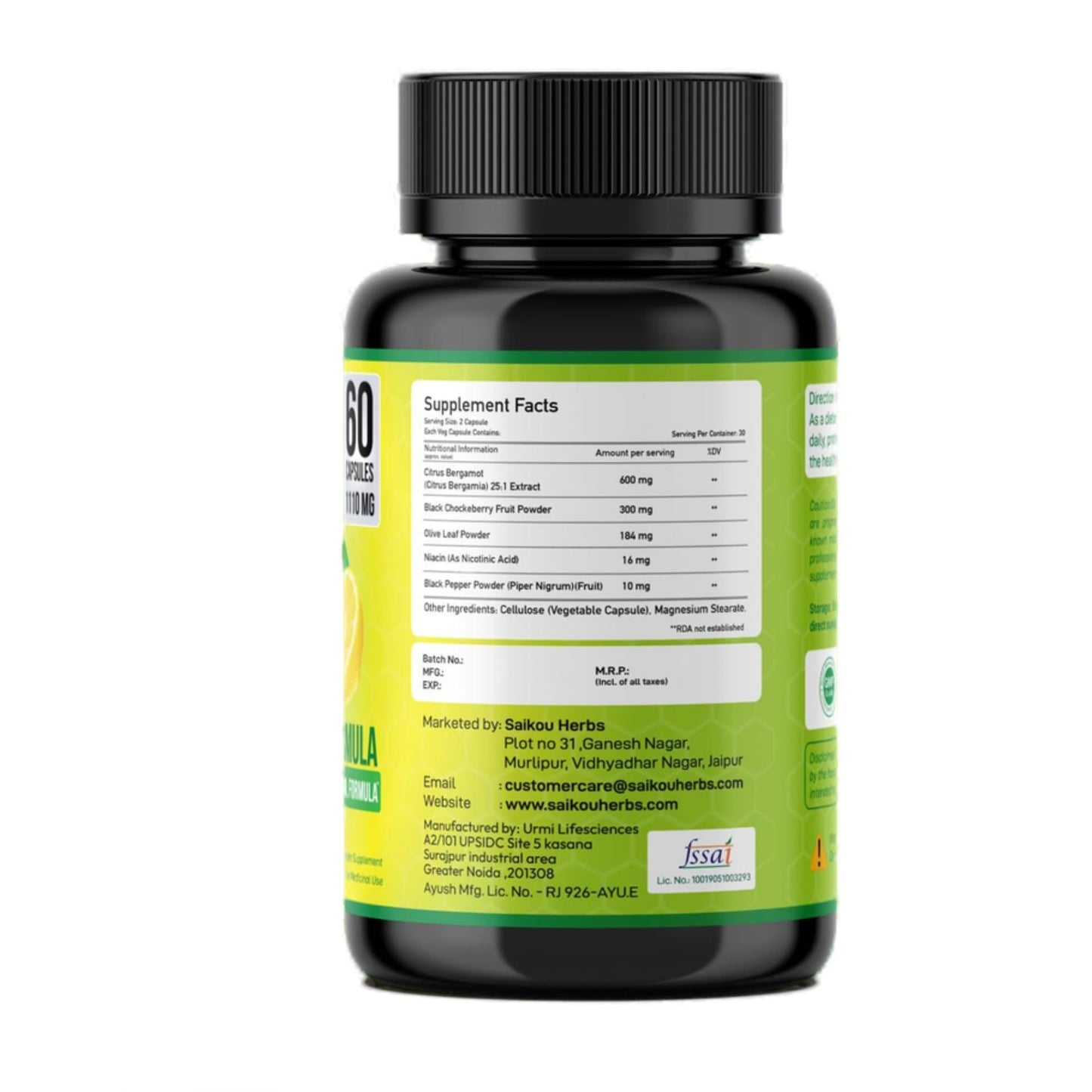 Información nutricional SAIKOU HERBS Citrus Bergamot 60 cápsulas