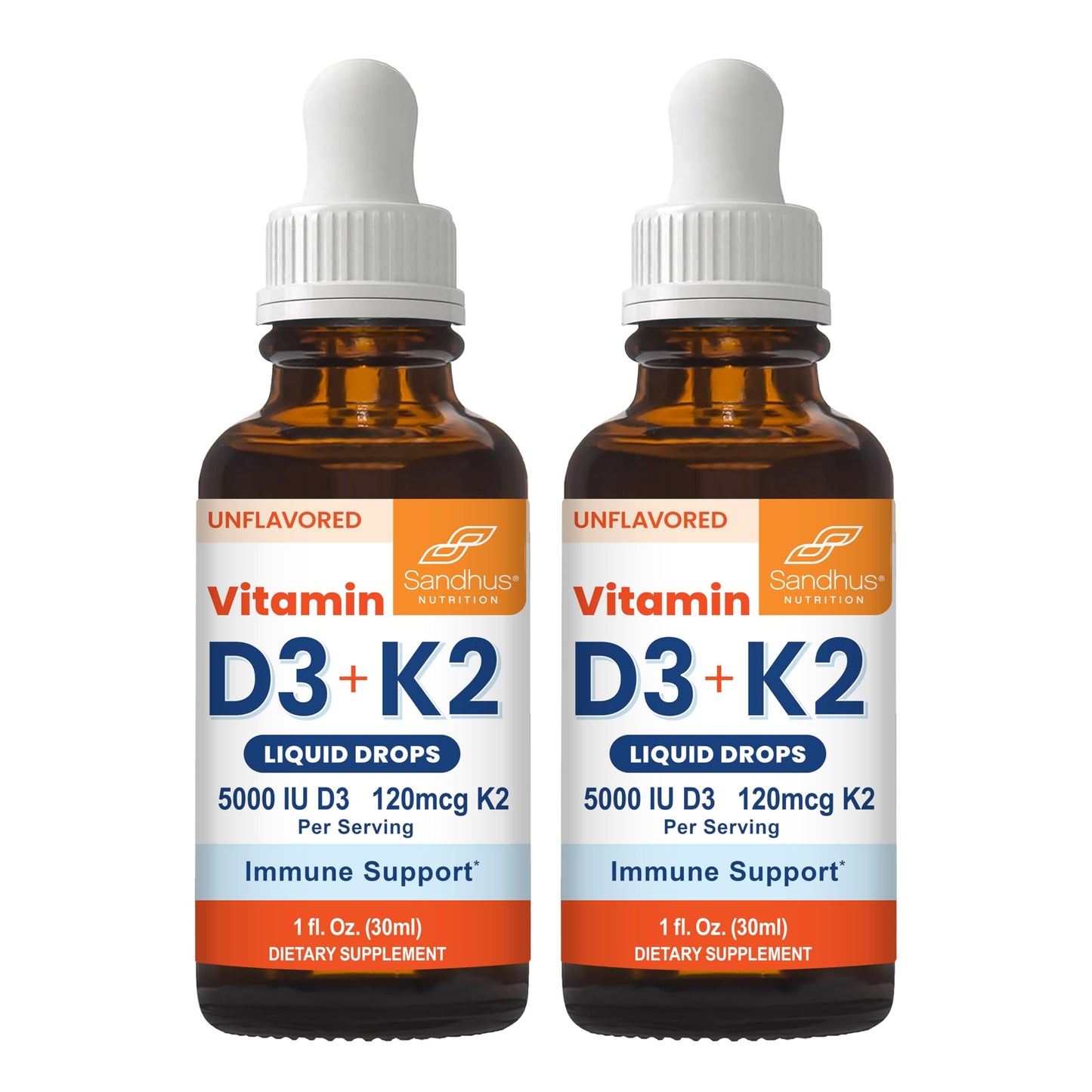 Sandhu gotas líquidas Vitaminas D3 K2 frascos y etiqueta