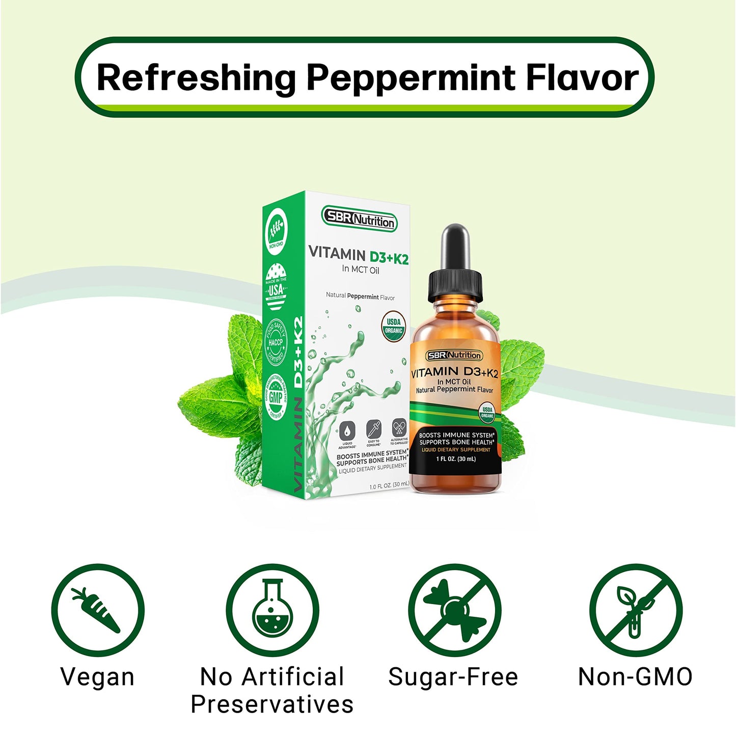 Packaging gotas vitamina D3 K2 sabor menta SBR Nutrition