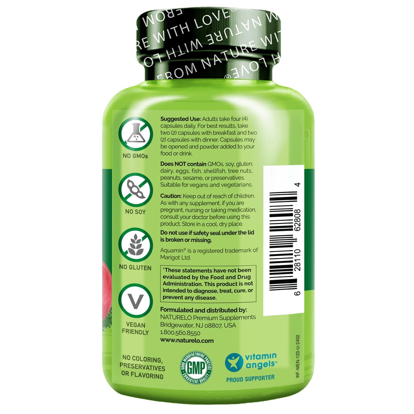 Sello de no OGM y apto para veganos en multivitaminas Naturelo