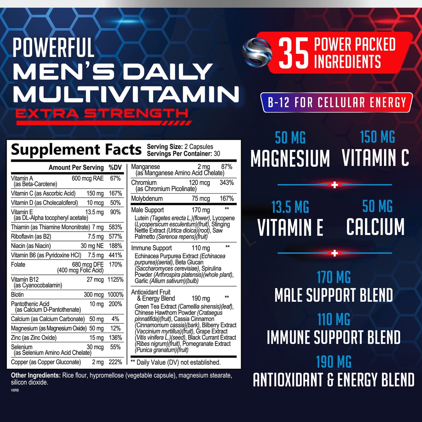 Tabla de ingredientes de multivitaminas SilverOnyx para hombres