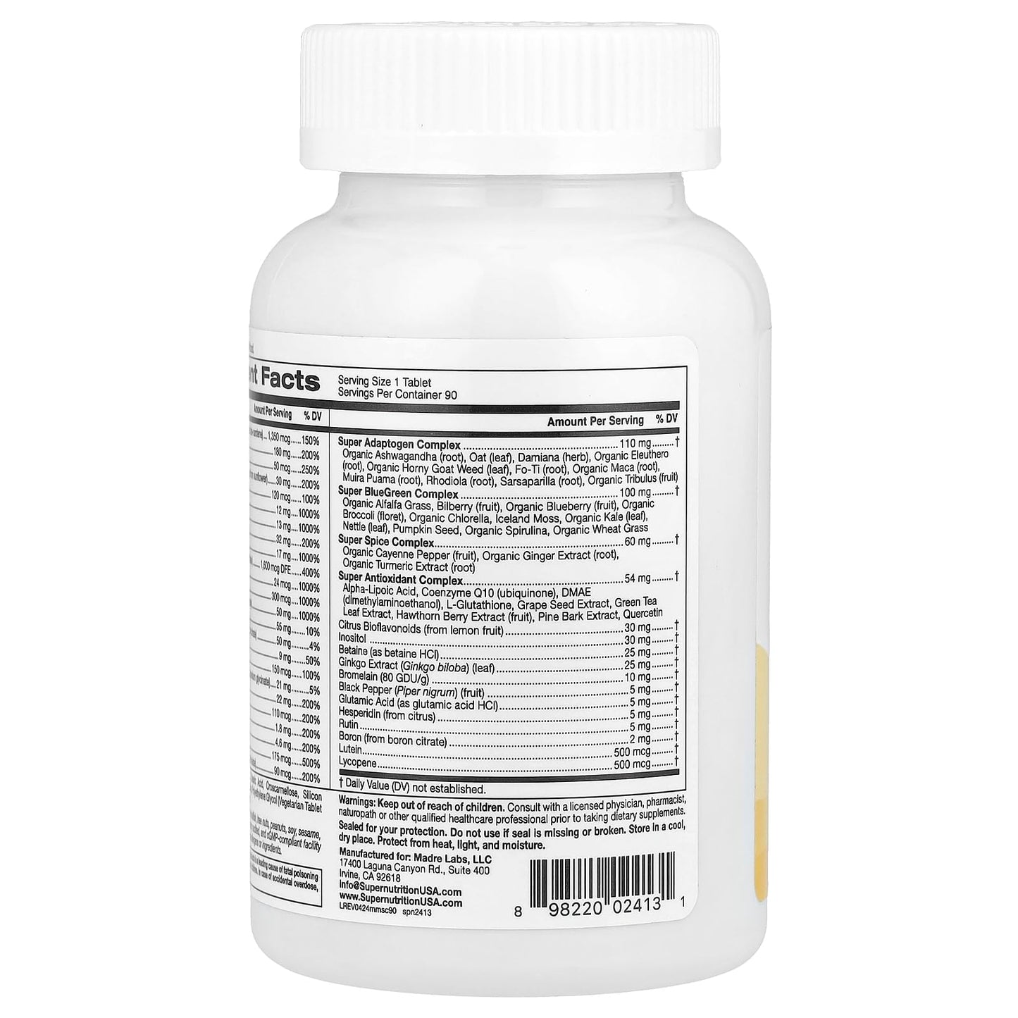 SimplyOne multivitaminas para hombres tabla nutricional