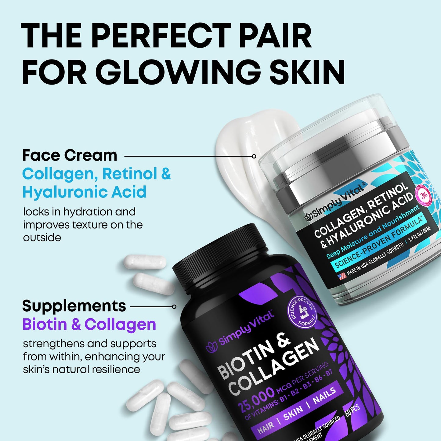 Frascos cápsulas biotina y crema para piel SimplyVital