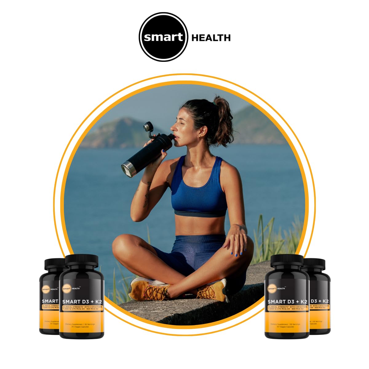 smart HEALTH Vitamina D3 + K2 cápsulas sobre superficie blanca