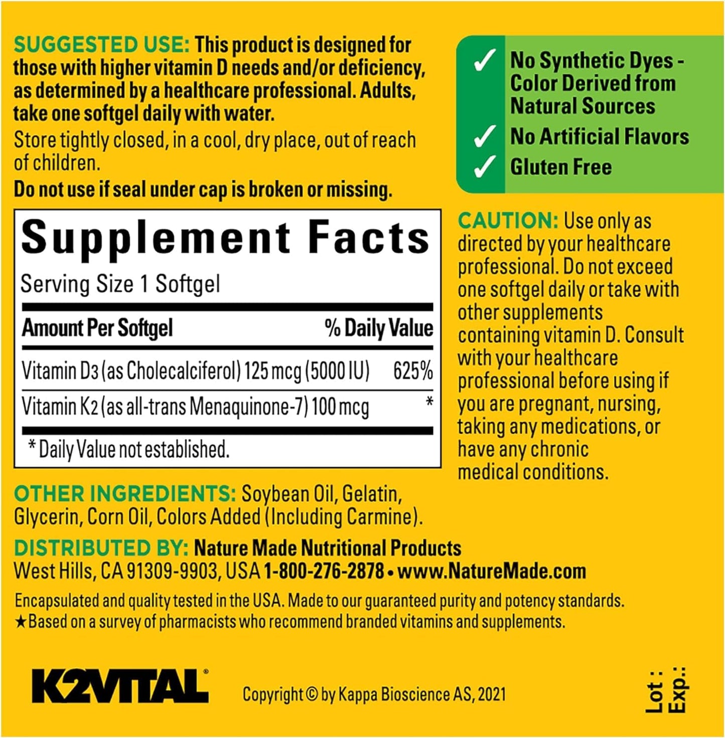 Softgels en frasco Nature Made Vitamina D3 y K2 para adulto