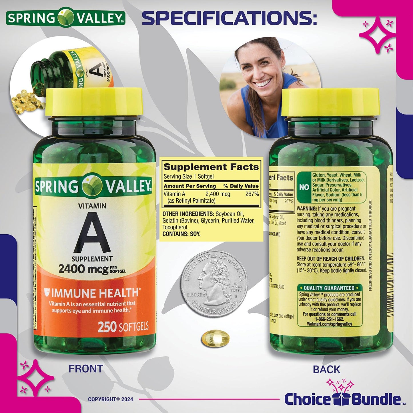 Softgels de Vitamina A Spring Valley 2400 mcg alta potencia