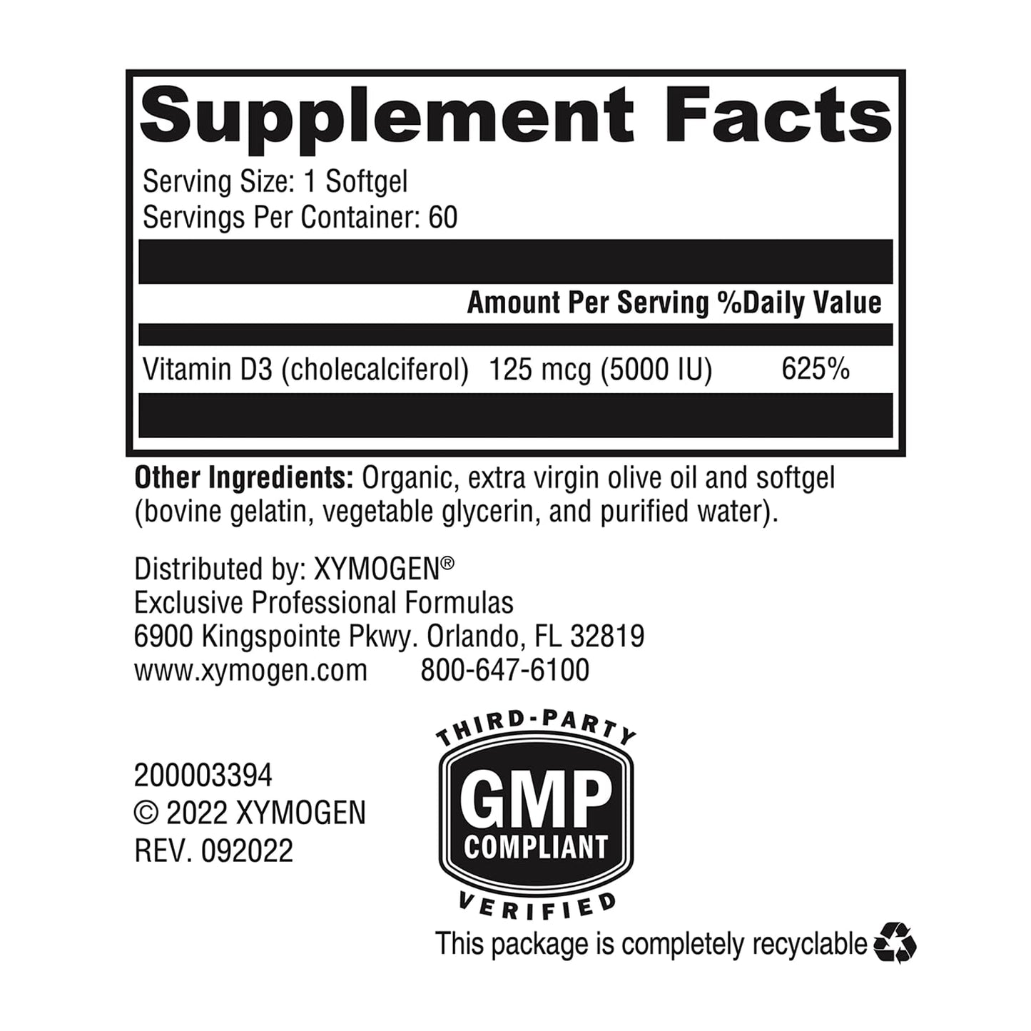 Softgels vitamina D3 XYMOGEN para salud inmune