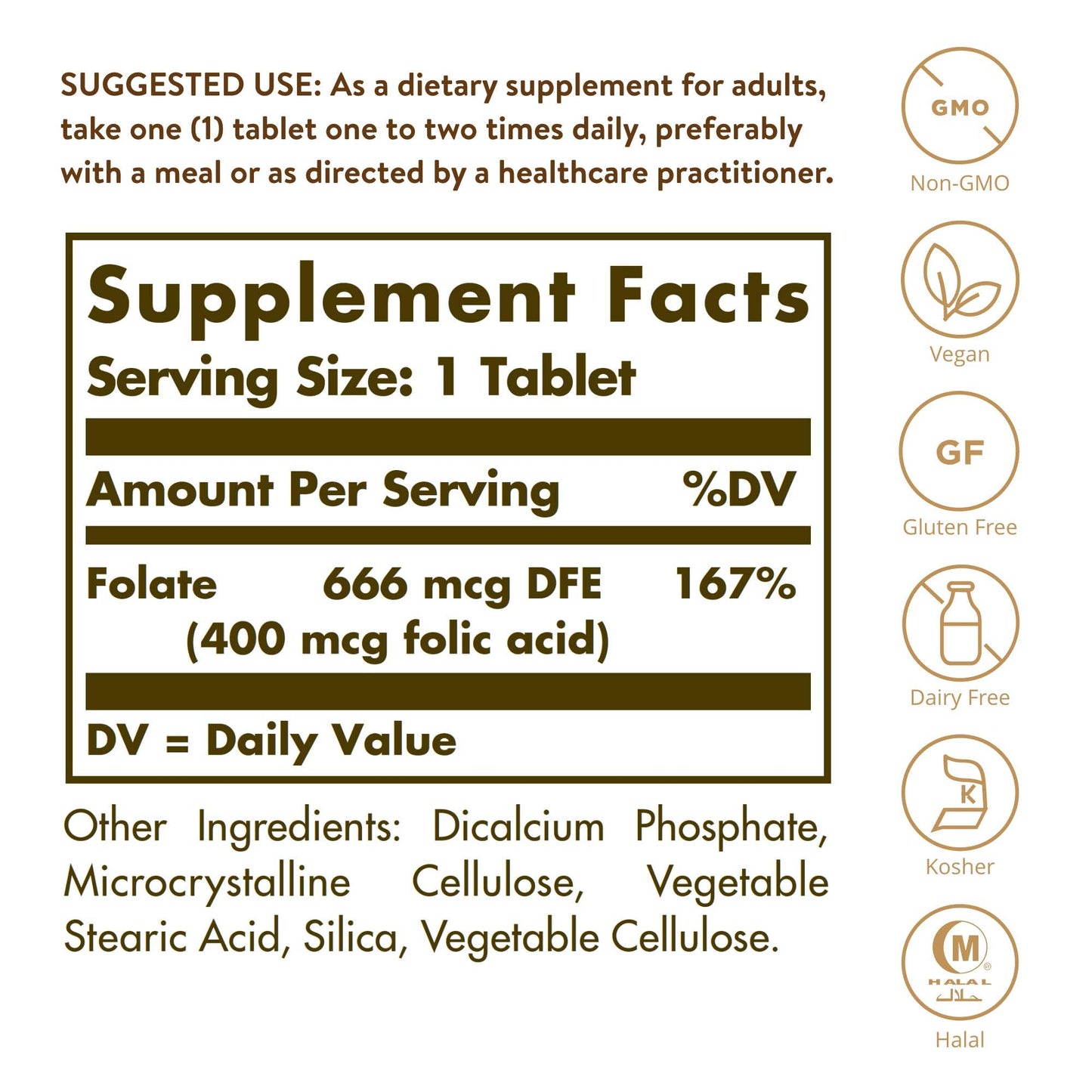 Etiqueta ingredientes SOLGAR Folato 250 Tabletas