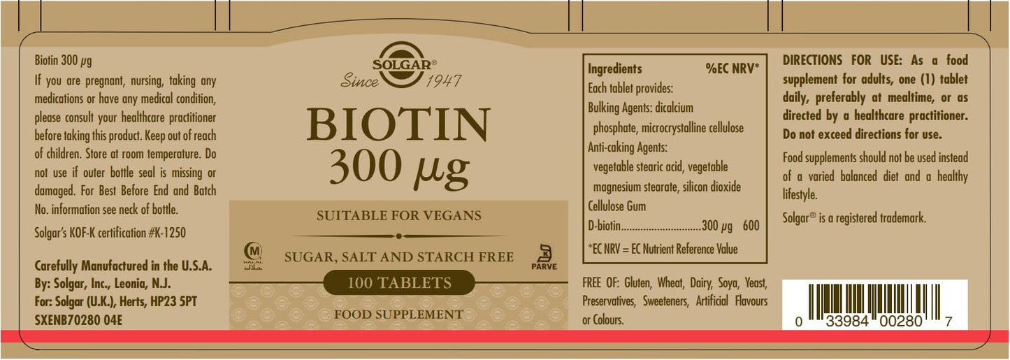 Solgar suplemento biotina 300 mcg lado botella