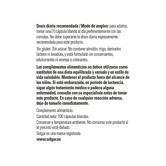 Solgar vitamina e envase frontal 100 capsulas blandas