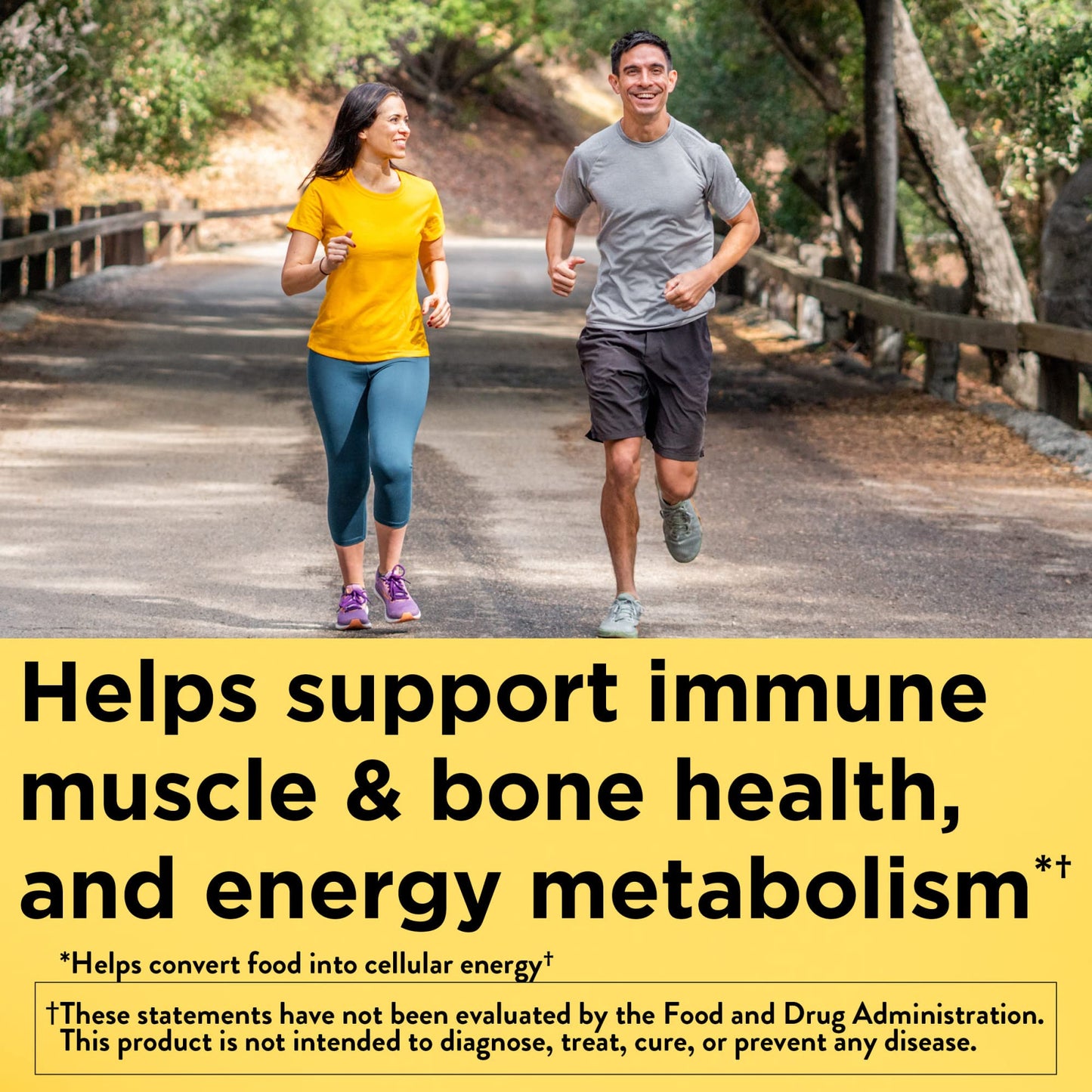 Corredores en un parque con texto sobre salud ósea, muscular y energía.