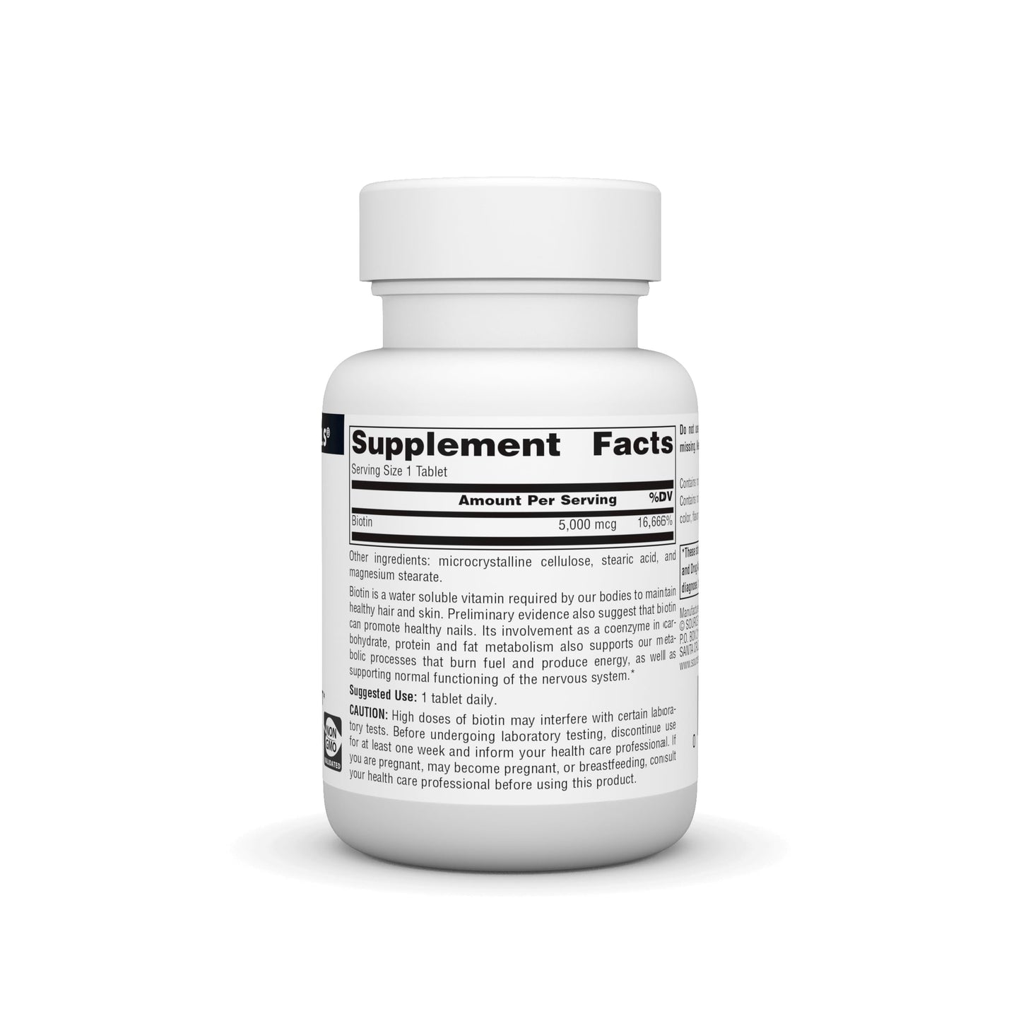 Etiqueta trasera del suplemento de biotina 5000mcg Source Naturals.