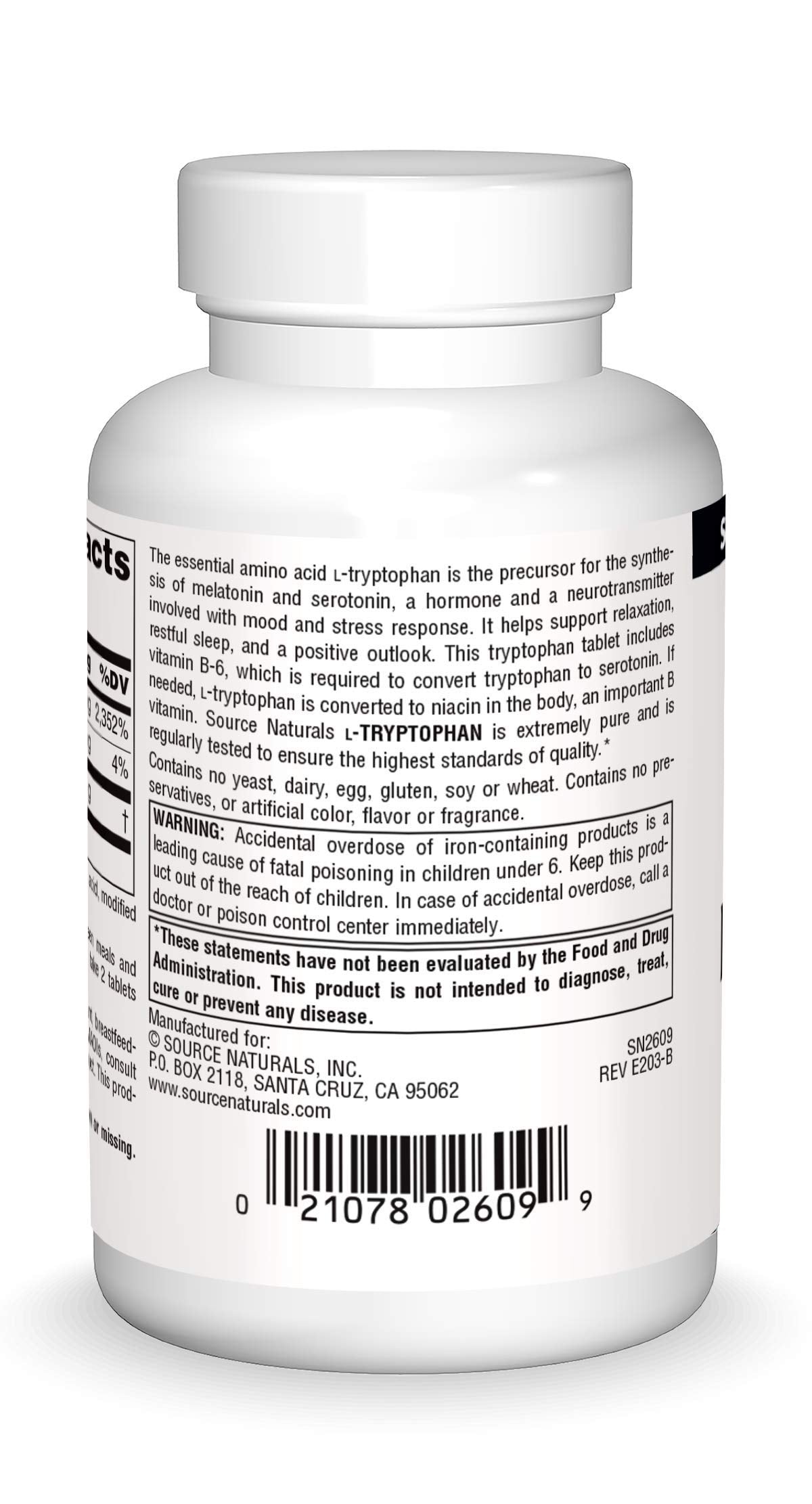 Etiqueta del suplemento Source Naturals L-Triptófano con B6