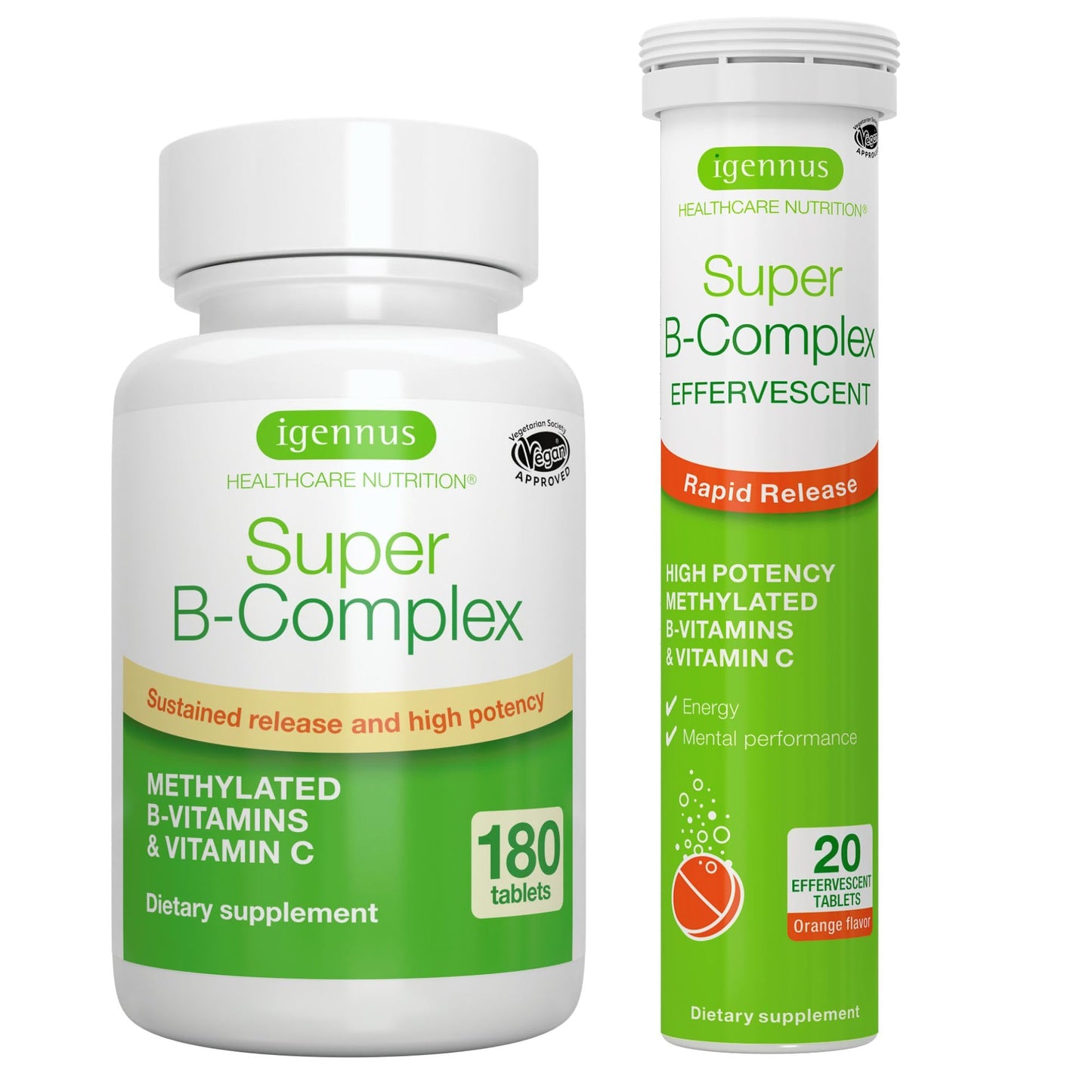 Paquete Super Complejo B con 180 tabletas y 20 efervescentes sabor naranja