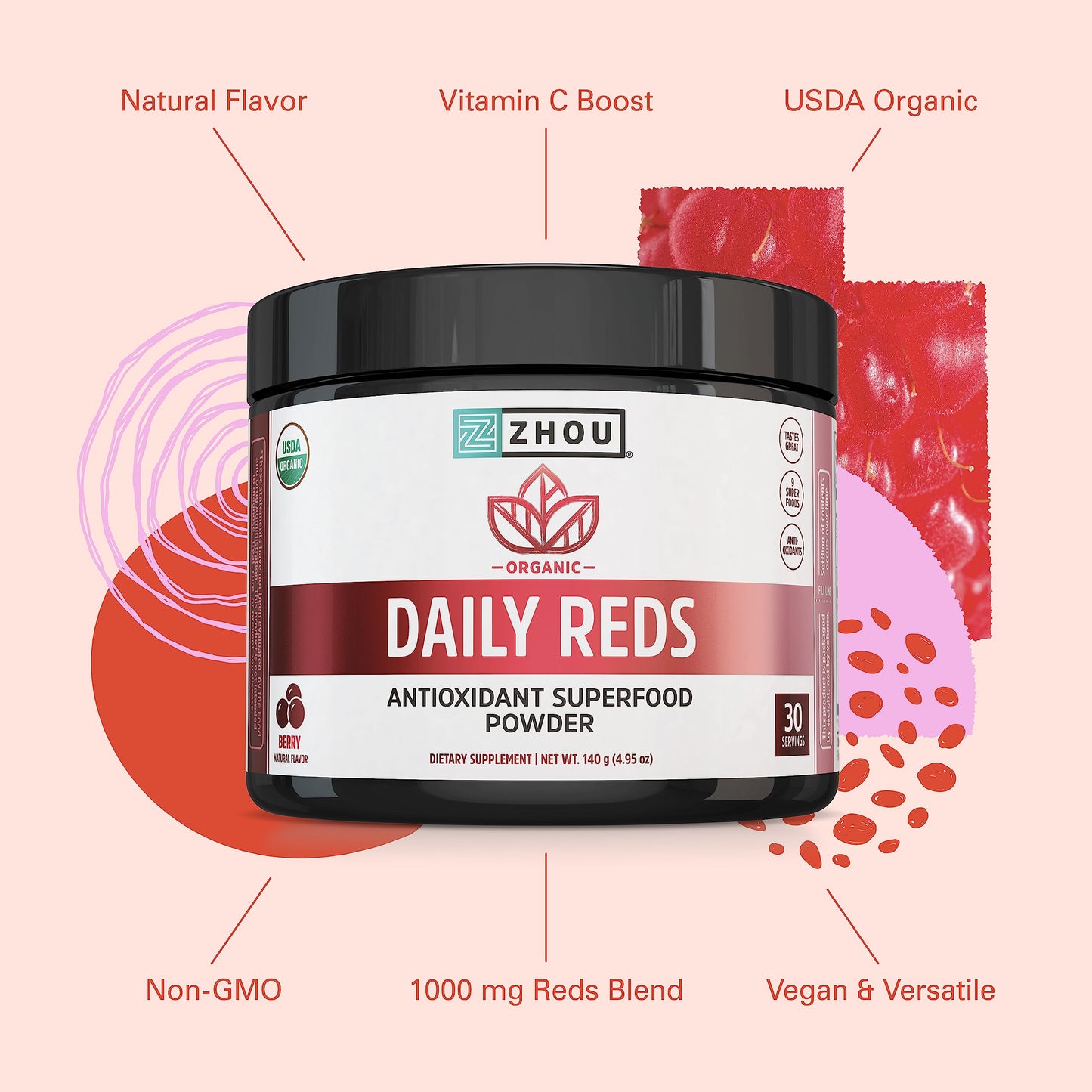 Superalimentos en polvo antioxidantes Zhou Nutrition Reds orgánico