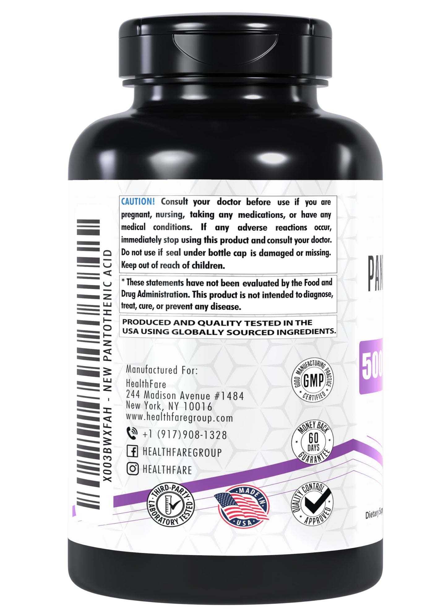 Suplemento 500mg ácido pantoténico cápsulas vegetales Healthfare