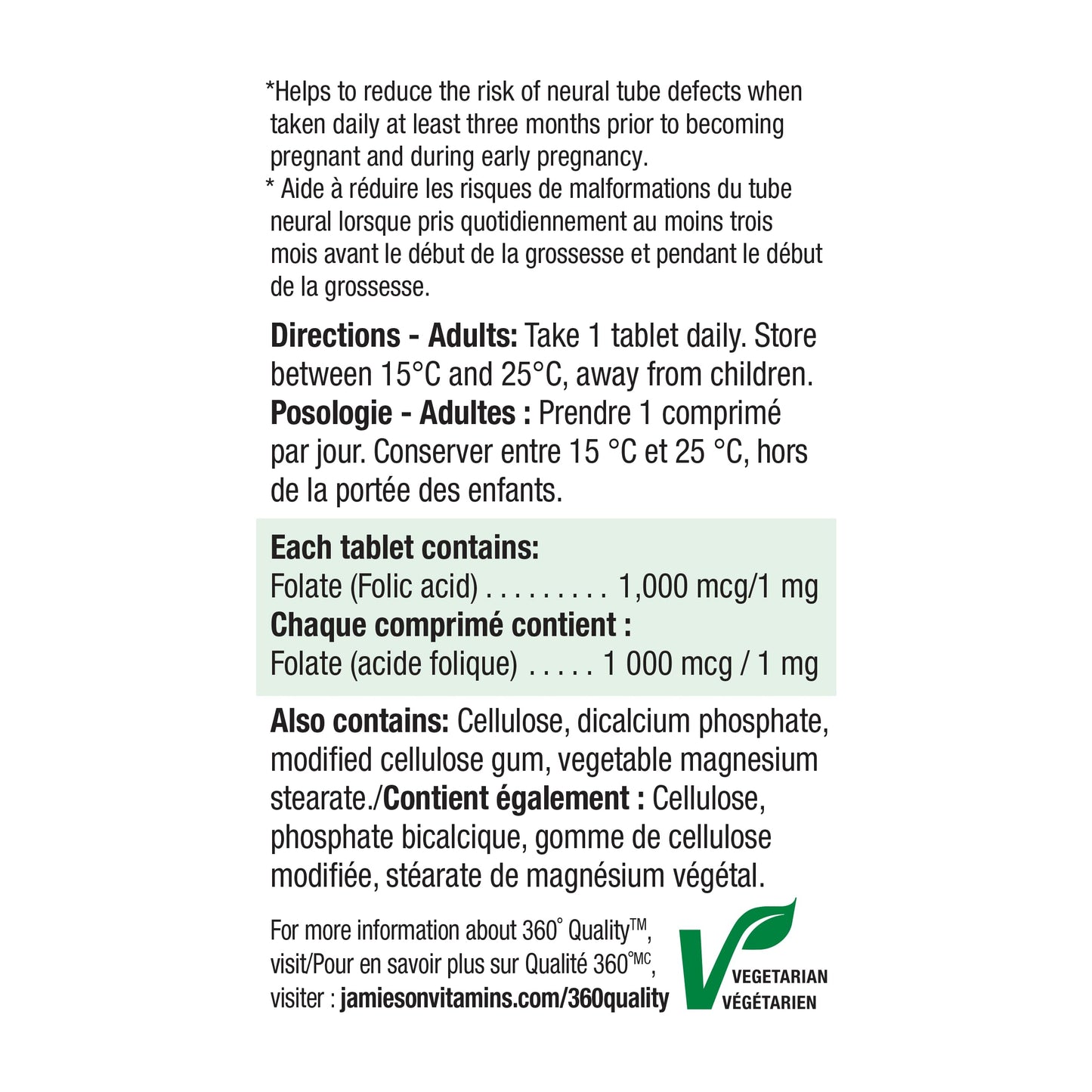 Suplemento ácido fólico Jamieson 1 mg salud prenatal