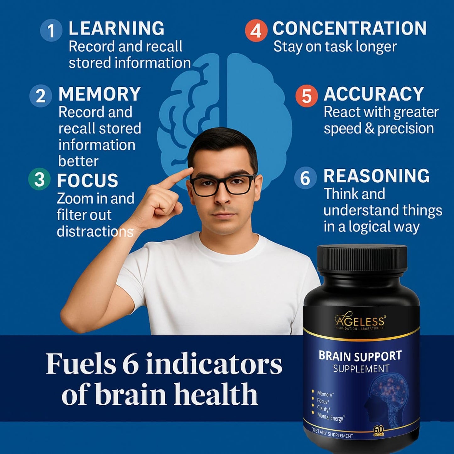 Suplemento Ageless para energía y memoria mejora cognitiva