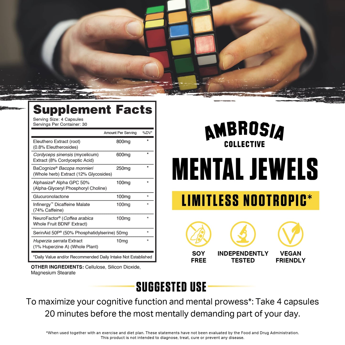 Suplemento Ambrosia Mental Jewels en fondo Rubik