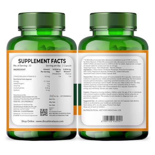Suplemento B12 natural Divya Himalayan con ingredientes vegetales