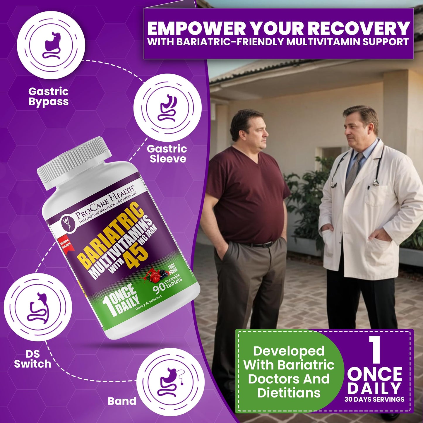 Suplemento bariátrico de ProCare Health con hierro y nutrientes esenciales.