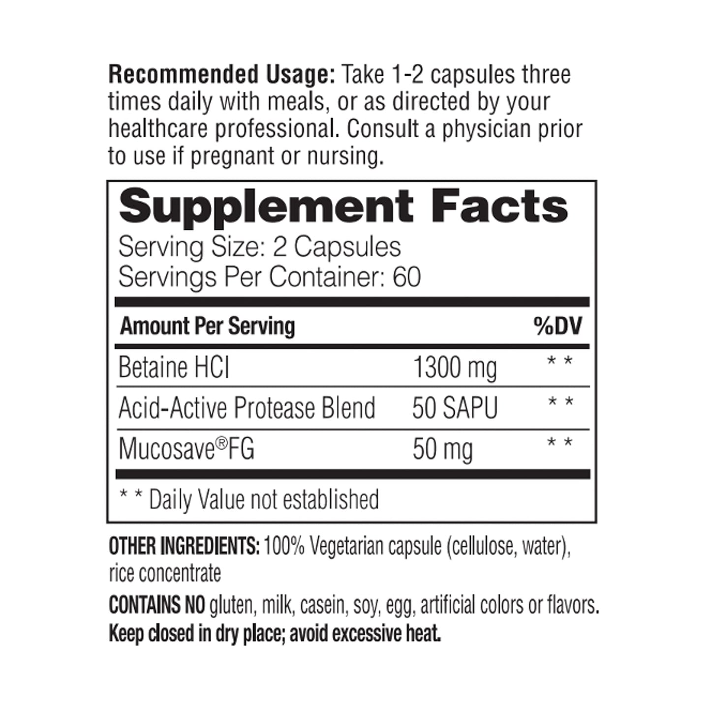Suplementos de Betaína HCl con ingredientes naturales veganos