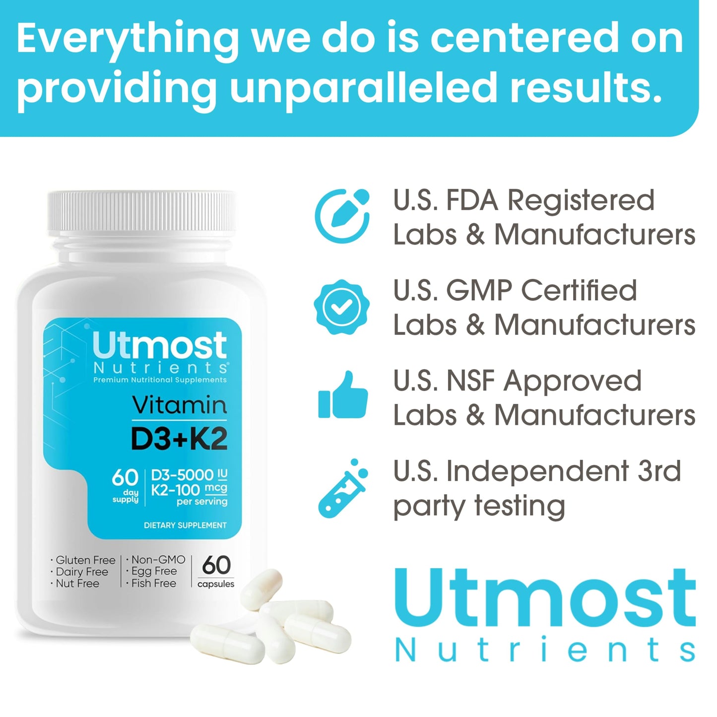 Suplemento biodisponible vitamina d3 k2 60 cápsulas utmost usa