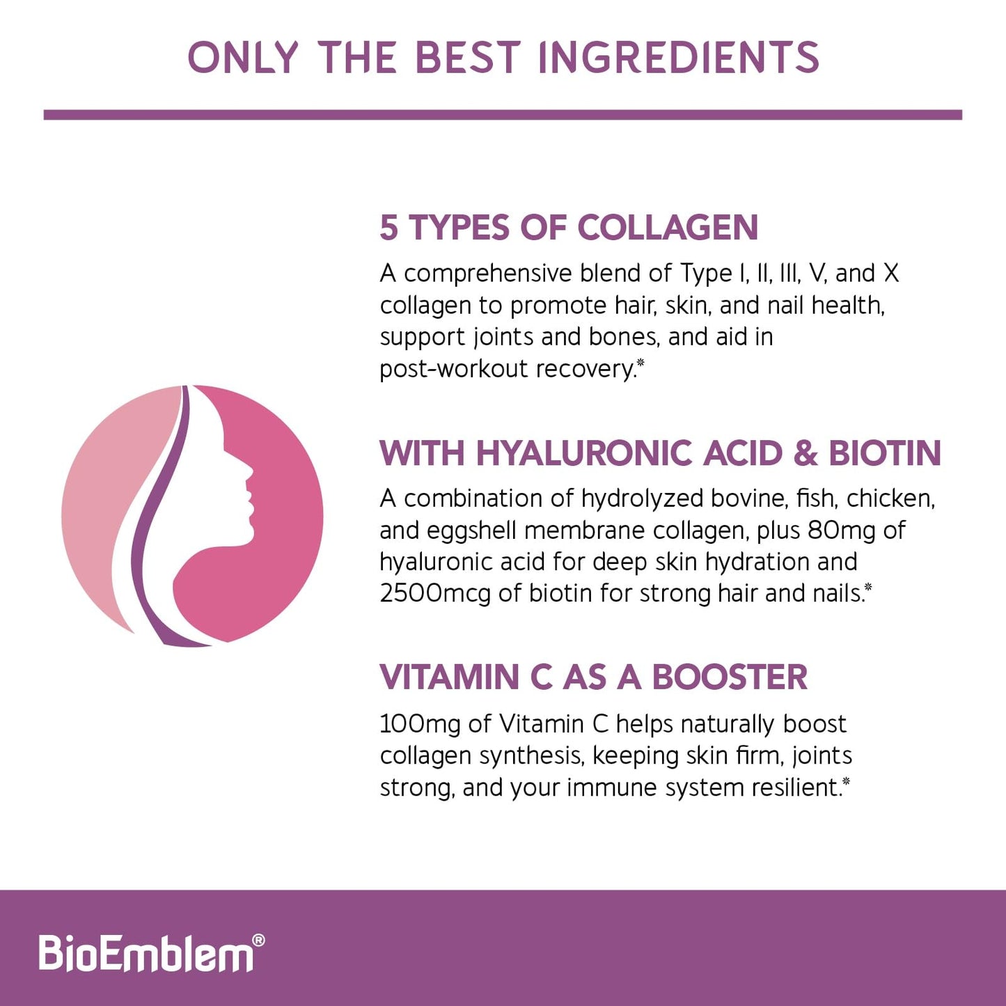 Suplemento BioEmblem con antioxidantes y colágeno para longevidad