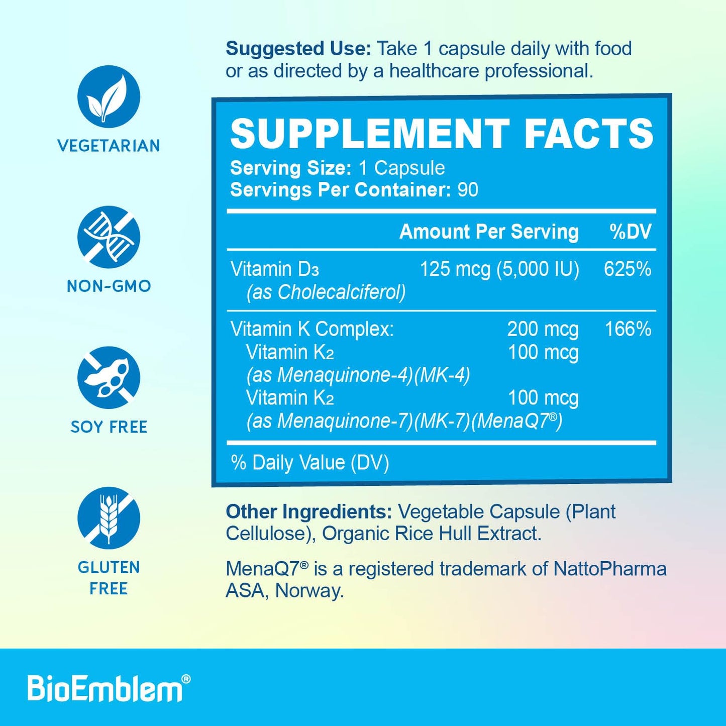 Suplemento BioEmblem vitamina D3 K2 con 7 hongos concentrados