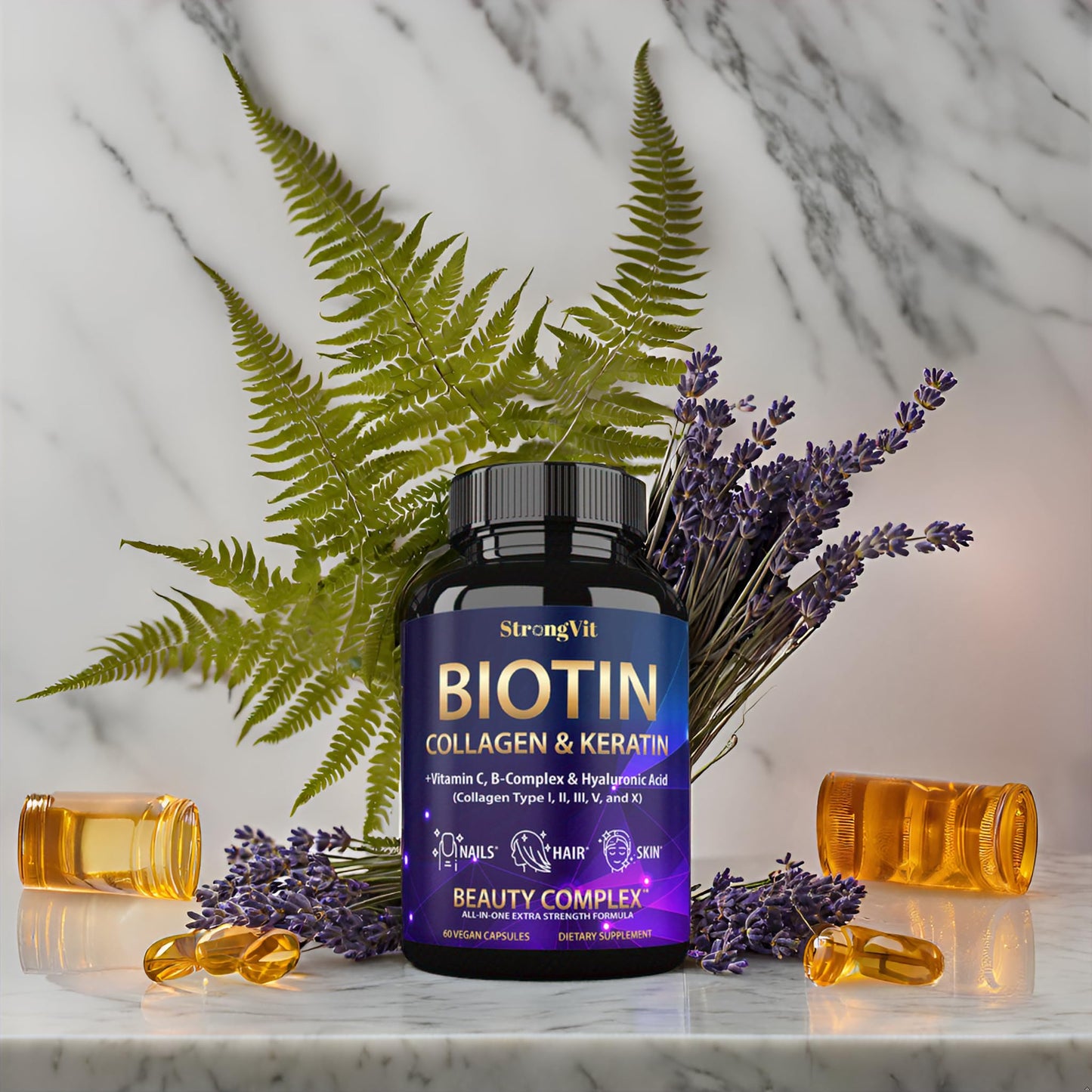 Suplemento con biotina, colágeno y vitaminas B.