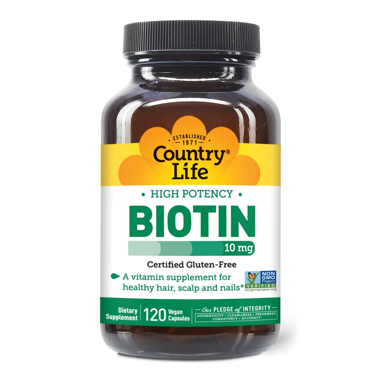 Suplemento biotina vegana Country Life 10mg para piel y uñas