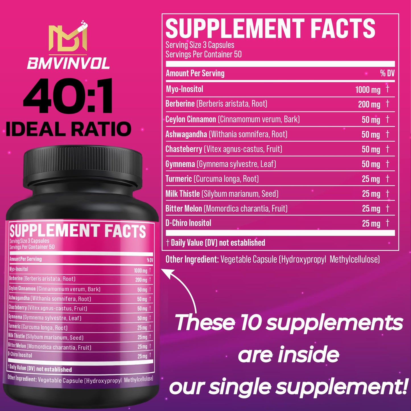 Caja de suplemento BMVINVOL Inositol 40:1 con ingredientes naturales