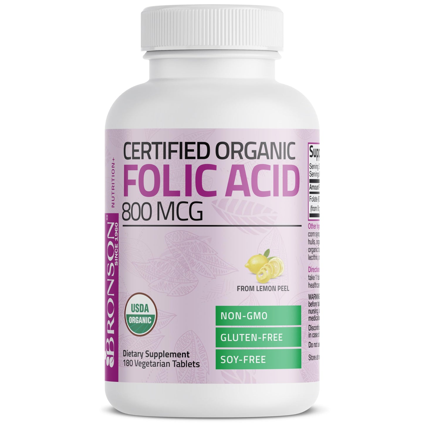 Suplemento Bronson ácido fólico certificado USDA 180 tabletas