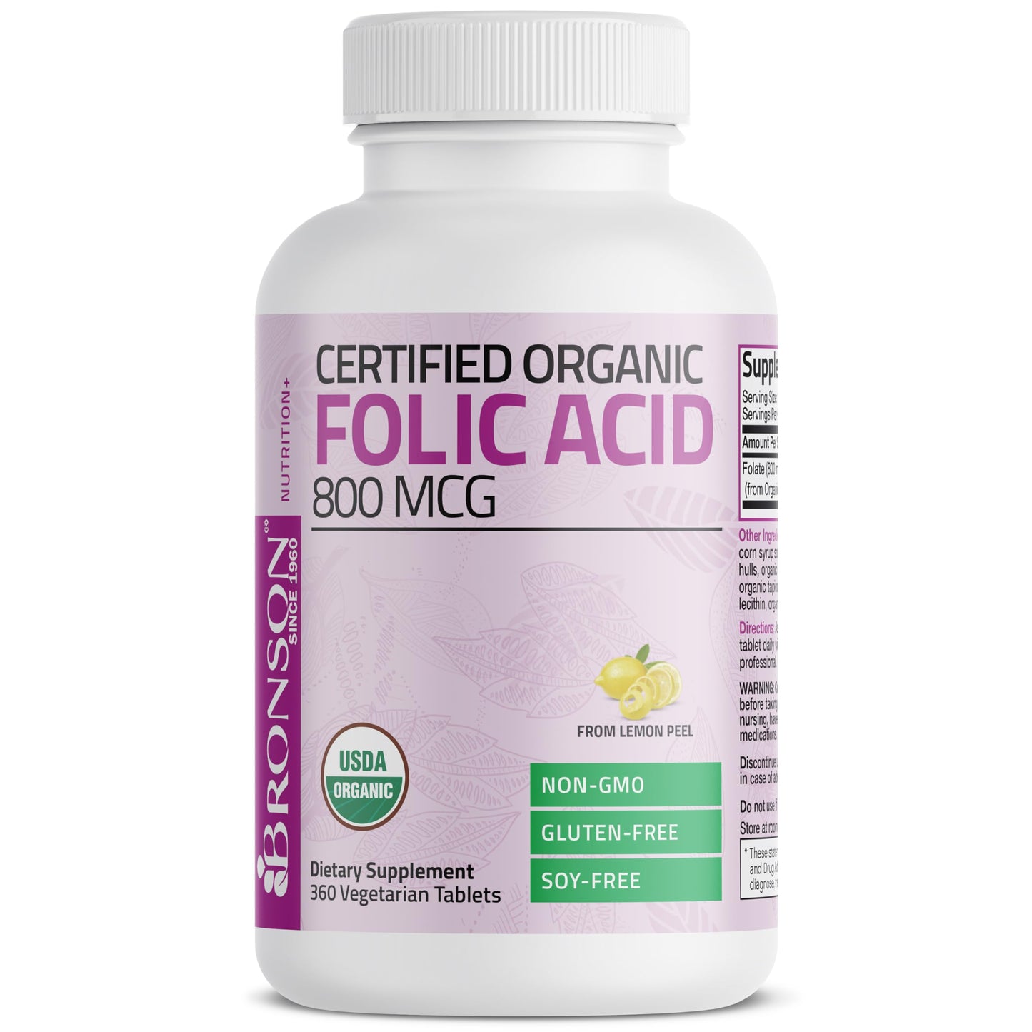 Suplemento Bronson ácido fólico certificado USDA 360 tabletas