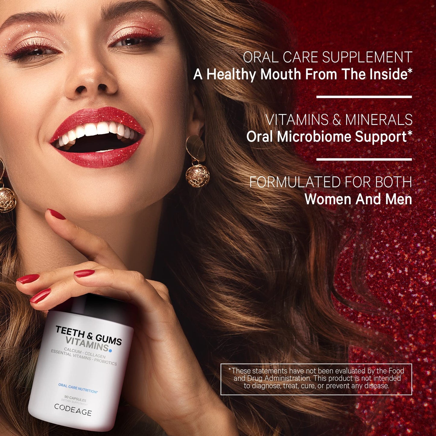 Imagen promocional del suplemento Codeage para el cuidado de dientes y encías, con modelo sonriendo.