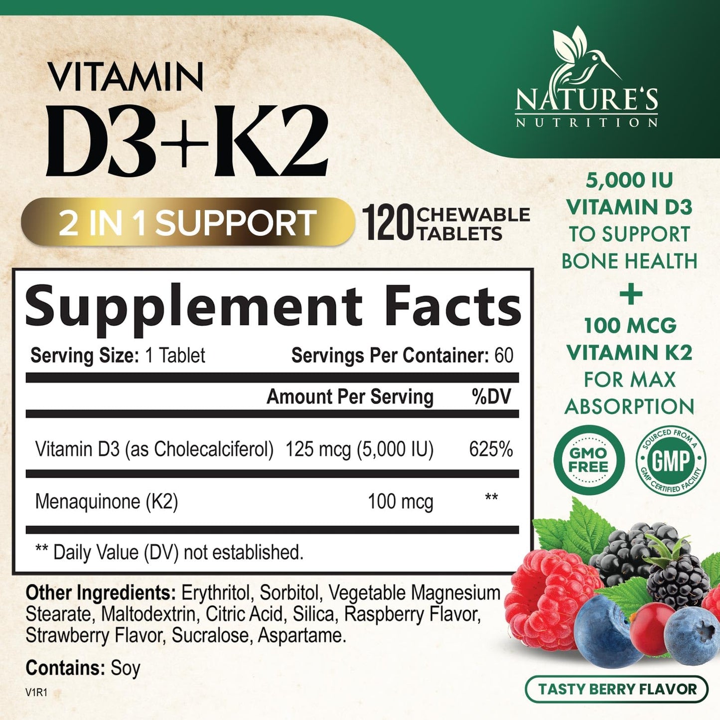 Suplemento D3 K2 5000 IU y 100 mcg MK-7 para salud inmune y ósea