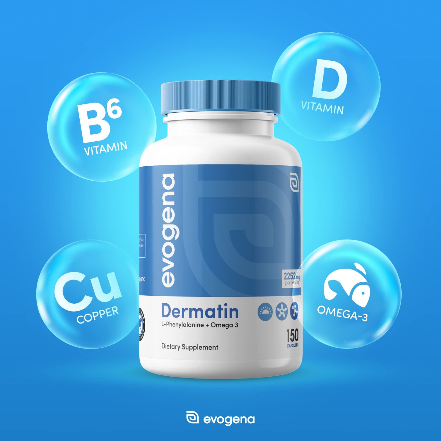 Suplemento de Dermatin con vitaminas B6, D y Omega 3
