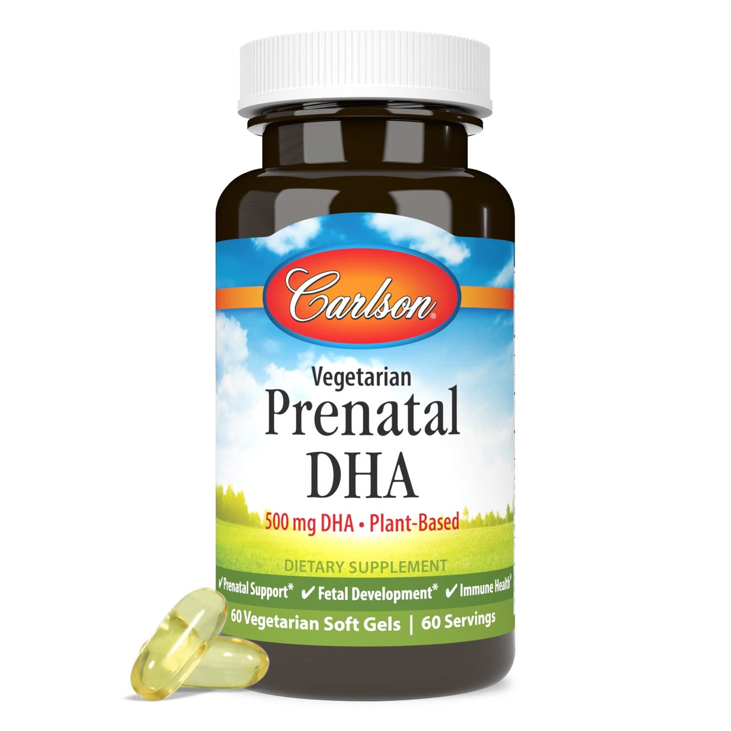 Suplemento DHA prenatal vegetariano Carlson cápsula vista lateral