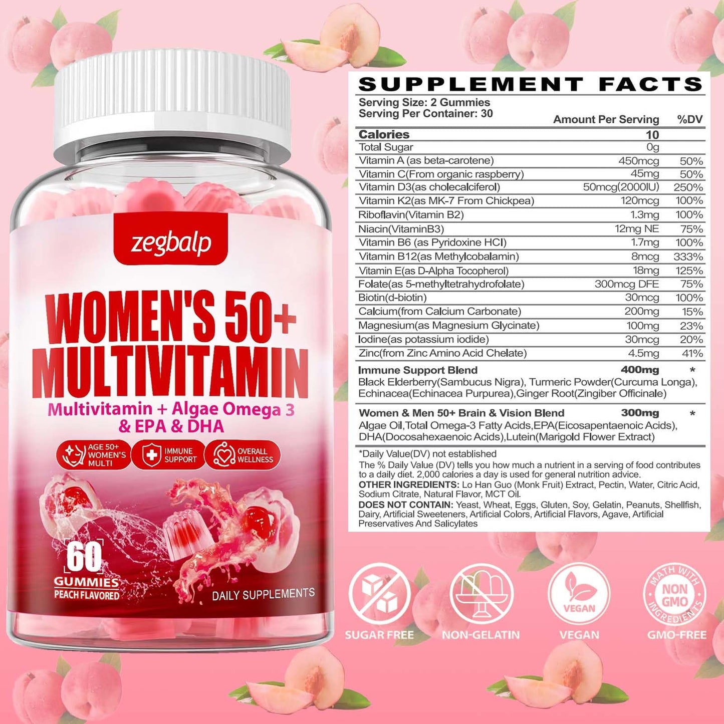 Suplemento diario multivitamínico para mujeres 50+ con detalles