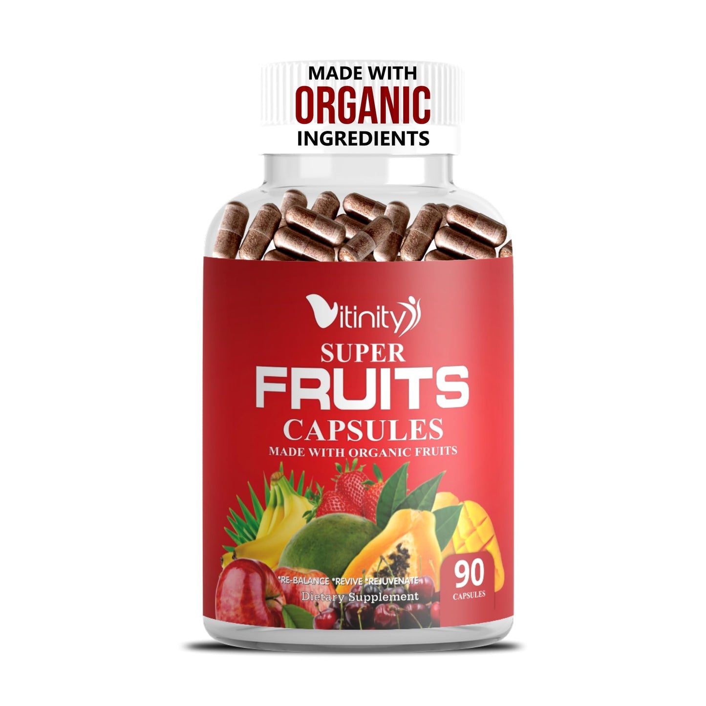 Suplemento de frutas Vitinity con ingredientes orgánicos en cápsulas