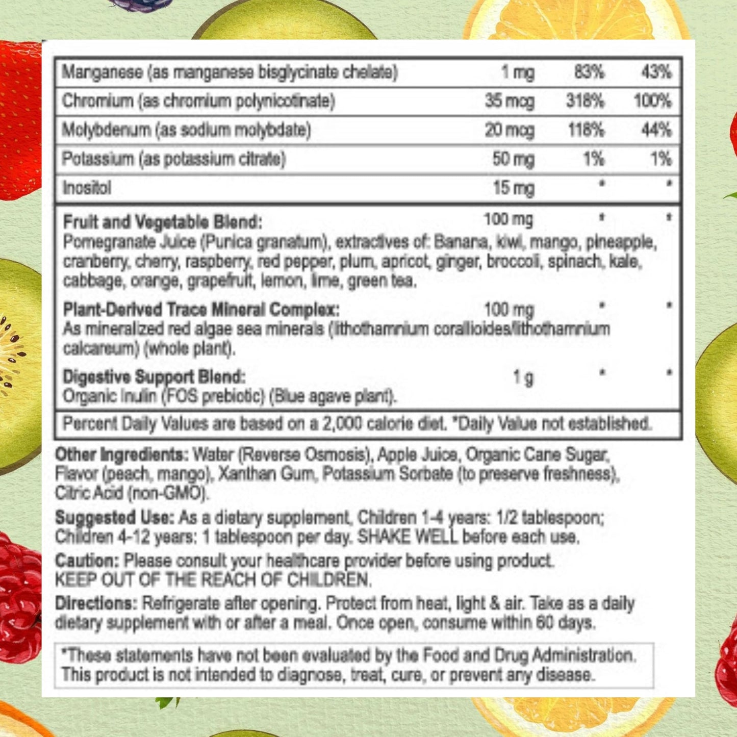 Suplemento Go Healthy Kids mostrando frutas y dosis diaria.