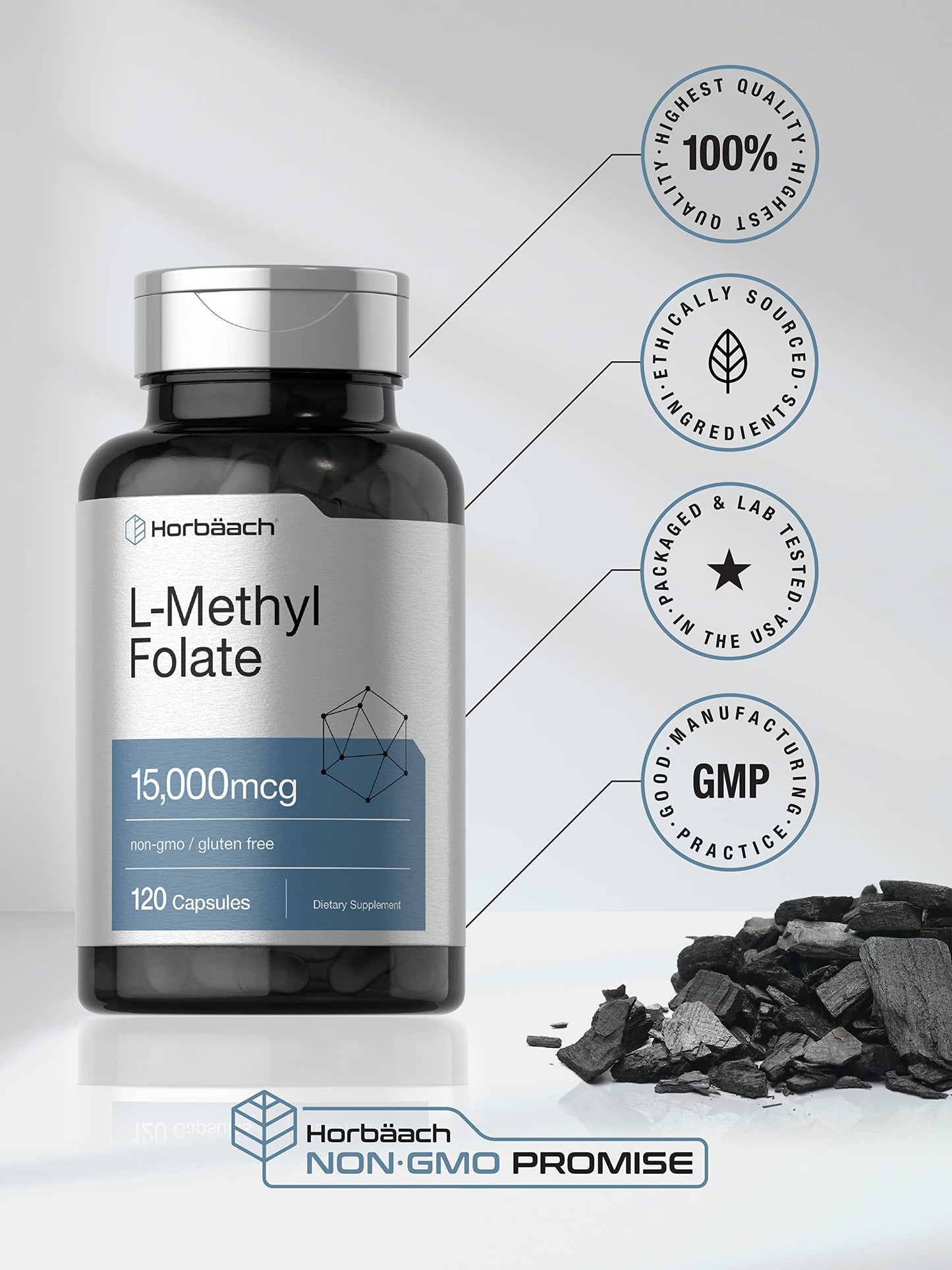 Suplemento Horbäach sin gluten y sin GMO L Metilfolato 15mg