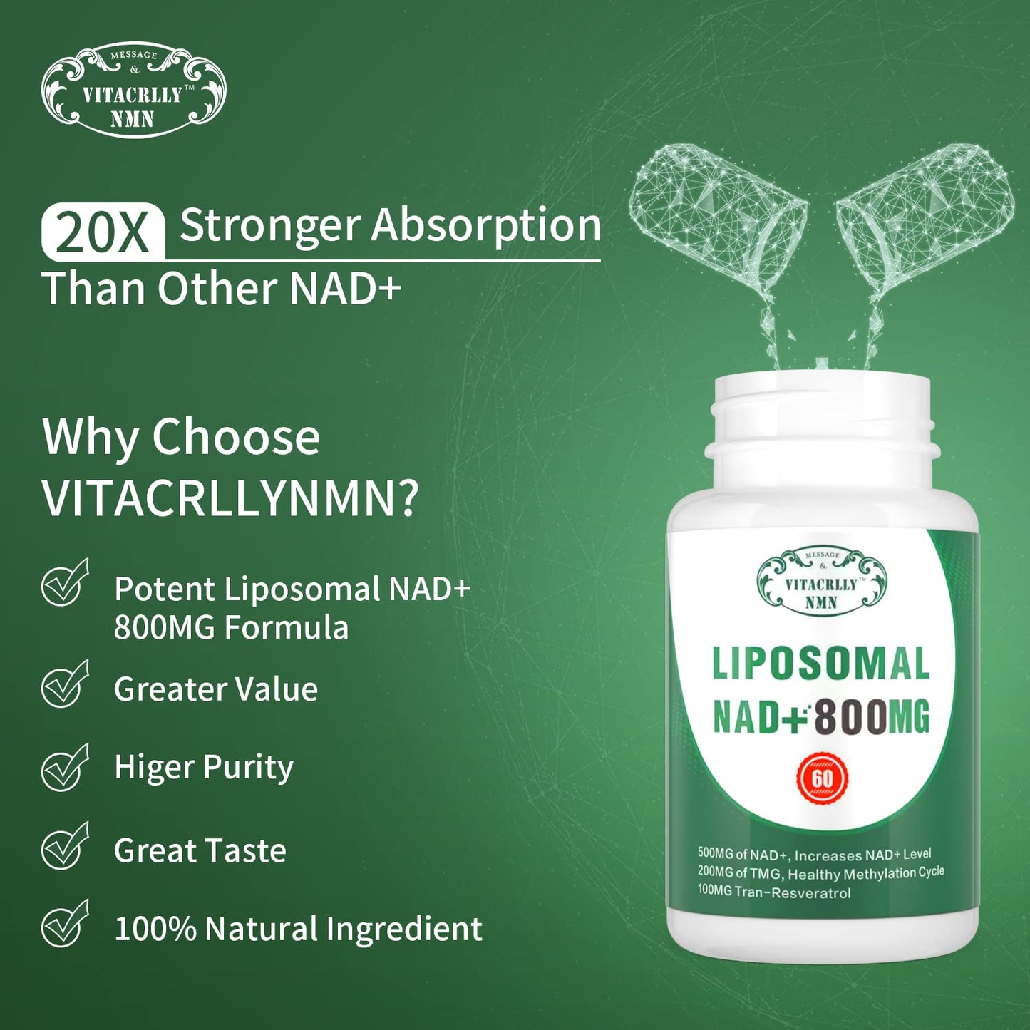 Suplemento liposomal NAD+ con resveratrol VITACRLLYNMN